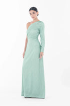 Boticelli Dress Mint Green shown without overlay, revealing sleek one-sleeve design and textured fabric for minimalist elegance.
