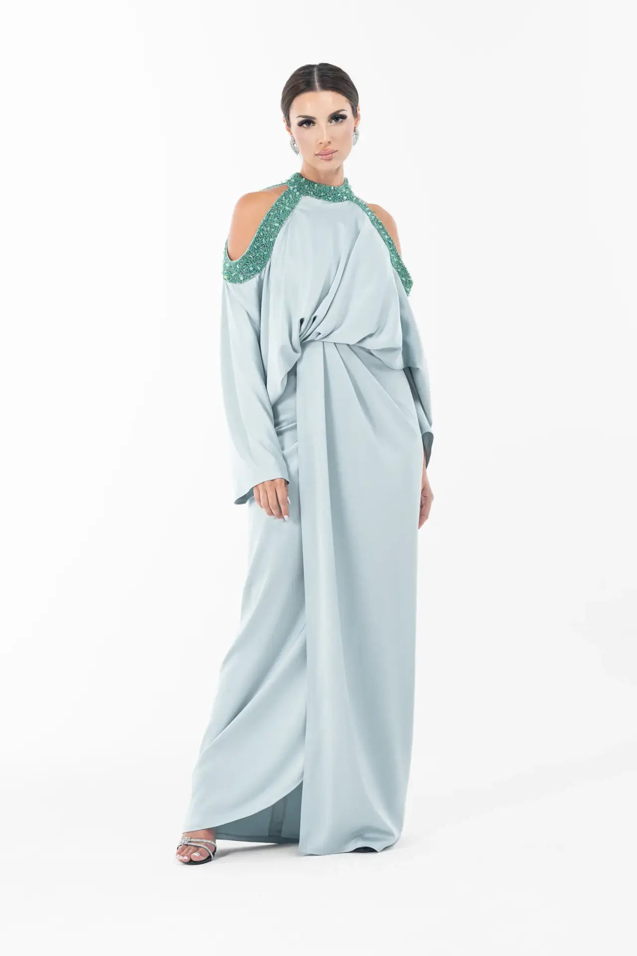 Ophelia Dress from Artista Eid - AW 2025 with flowing silhouette, gathered waist, and beaded neckline, styled for Ramadan elegance.