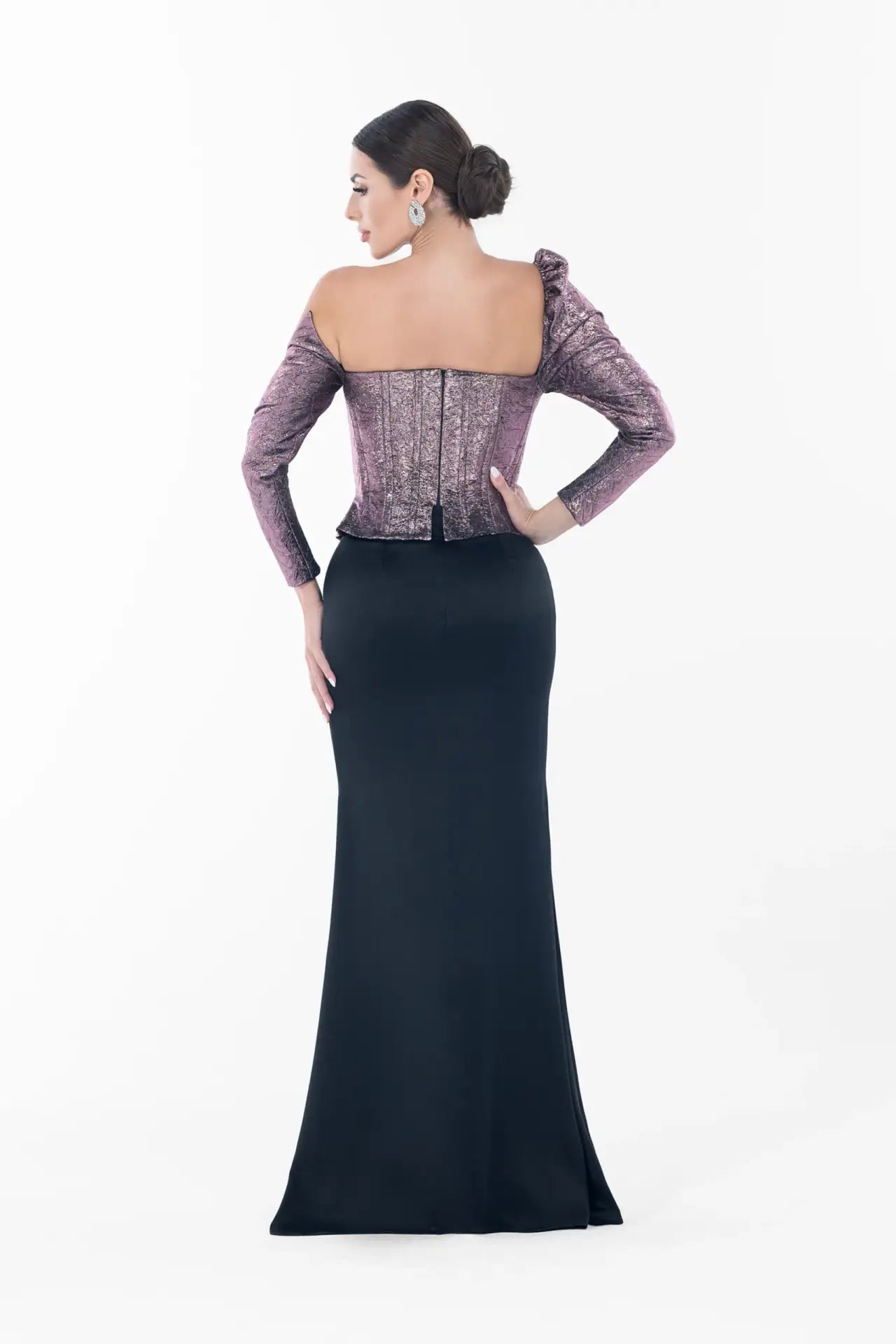 Back view of Ralphael Dress - Amethyst Sculpted Gown showing off-shoulder metallic bodice and elegant black skirt with zipper closure.