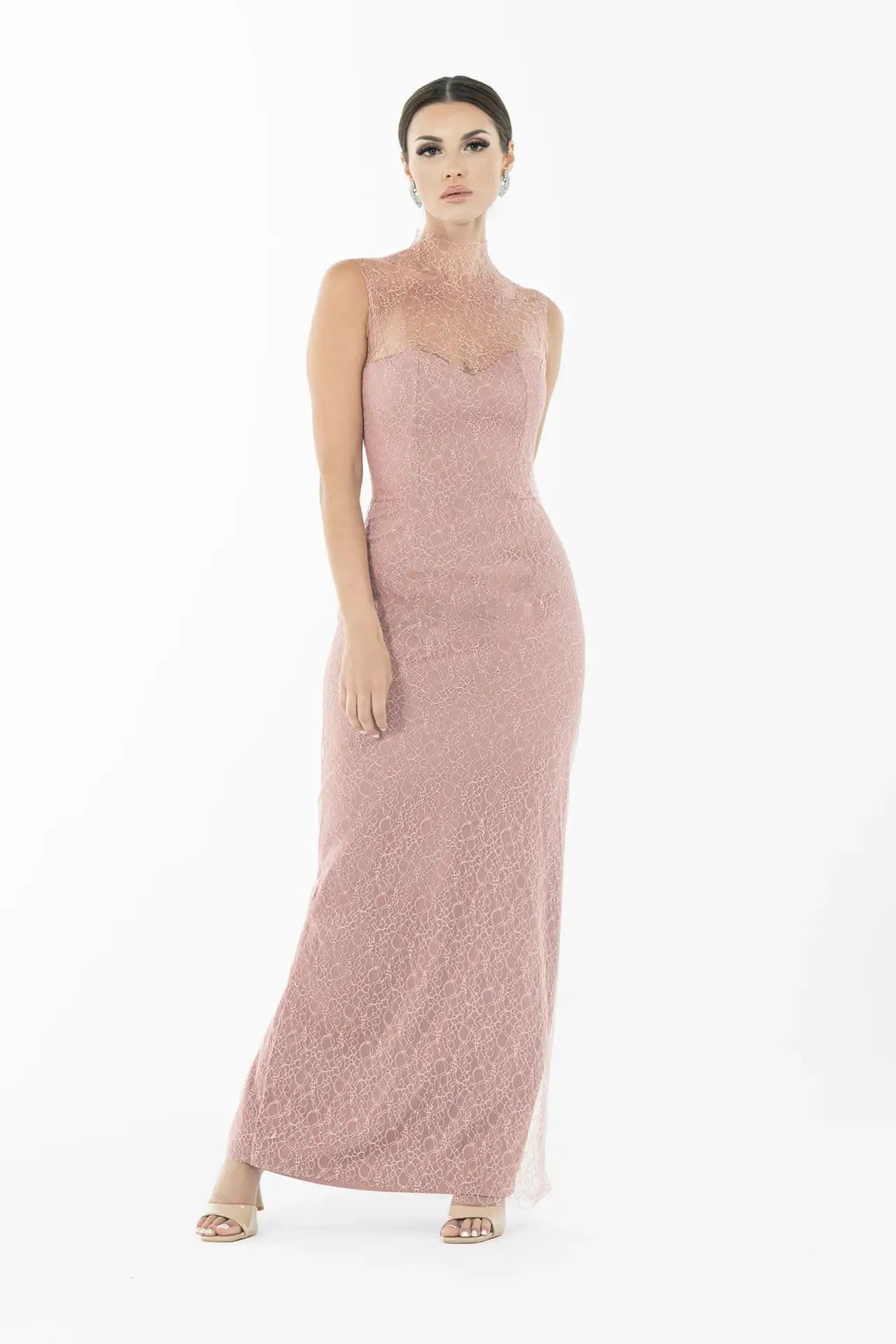Front view of Joy Dress - Artista Ramadan 2025 Dress without coat, showcasing full-length lace gown with high neckline in dusty rose.