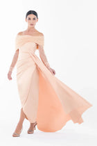 Elegant Ispahan Dress - Ramadan Collection | Gown in motion with ruched bodice and high slit, styled for festive and formal wear.