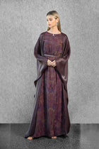 Asha Set - Plum Abstract Cape Dress | Satin Gown styled with a belted waist and flowing cape overlay, perfect for weddings and formal events.