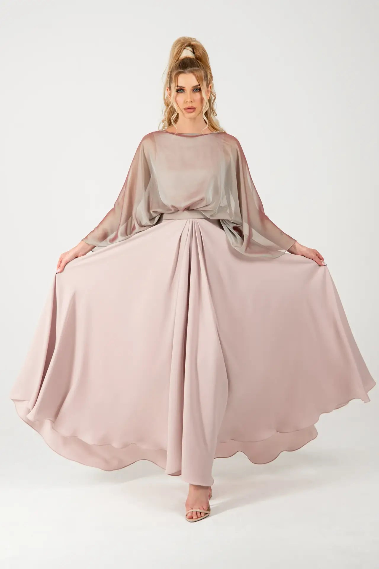 Lauren Dress - Chic Pink Crepe & Chiffon Elegance | MOOEi Lauren Dress - Chic Pink Crepe & Chiffon Elegance | MOOEi