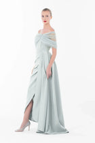 Elegant Angelina Dress - Evening Events | Off-Shoulder Gown, Tulle with side slit and draped detailing, perfect for upscale formal events.