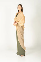 Side view of Jewel Dress in Organza and Crepe with long draped sleeves and flattering wrap design, ideal for upscale occasions.