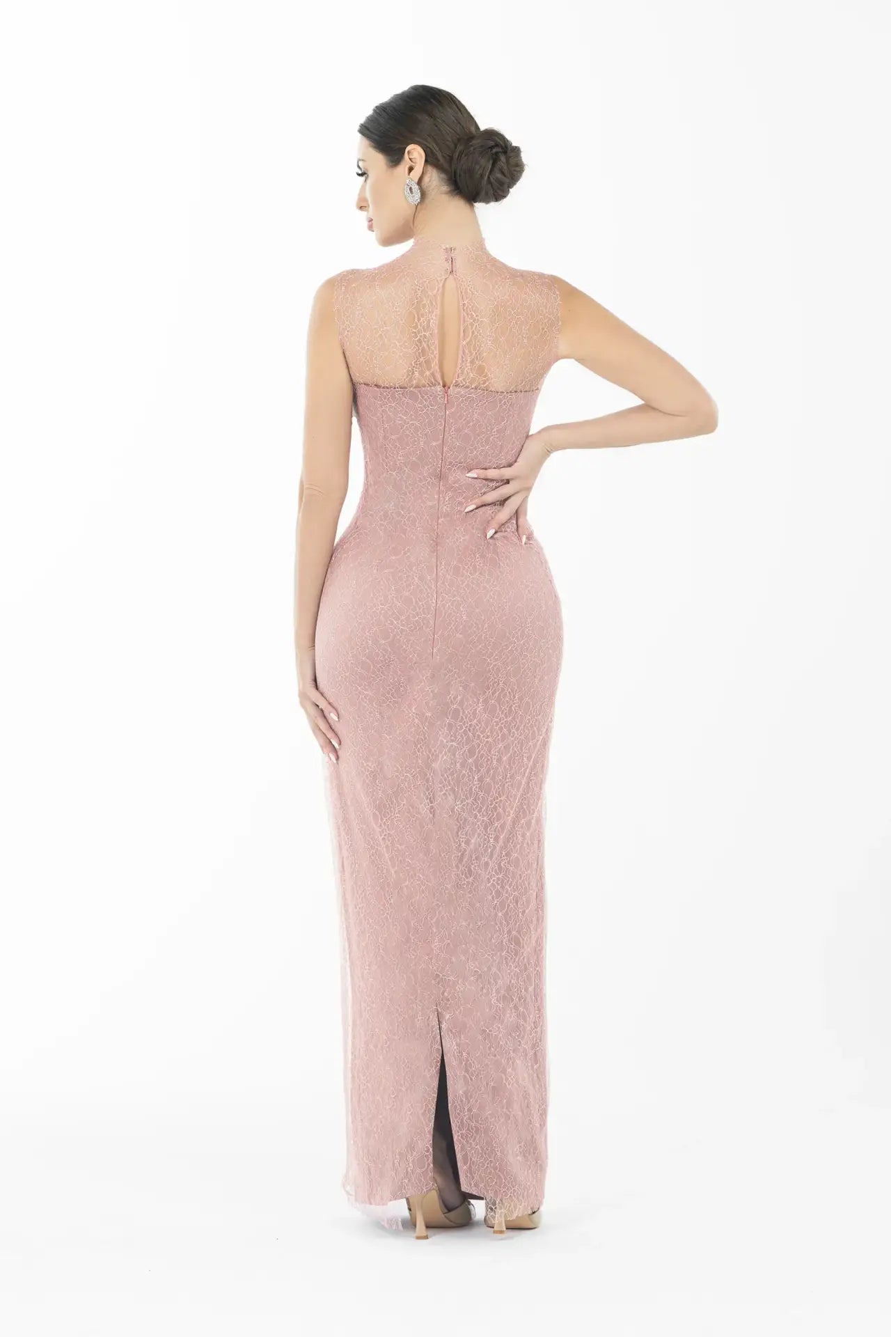 Rear view of Joy Dress - Artista Ramadan 2025 Dress without coat, displaying lace gown with back slit and high neckline in dusty rose.