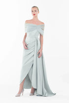 Angelina Dress - Evening Events | Off-Shoulder Gown, Tulle with structured pleats and flowing skirt, designed for formal gatherings and Eid celebrations.