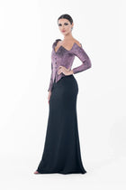 Side view of Ralphael Dress highlighting the gown's sleek black satin skirt and sculpted amethyst bodice with couture tailoring.
