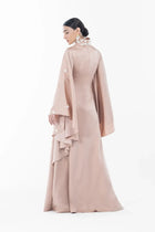 Back view of Artista Allure Dress highlighting smooth satin finish and subtle floral accents, part of the Eid - AW 2025 collection.