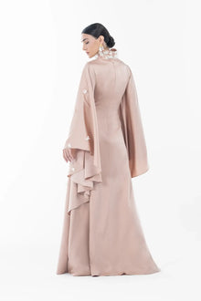 Back view of Artista Allure Dress highlighting smooth satin finish and subtle floral accents, part of the Eid - AW 2025 collection.