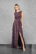 Asha Set - Plum Abstract Cape Dress | Satin Gown featuring a sleeveless silhouette, high slit, and abstract plum pattern, ideal for evening wear.