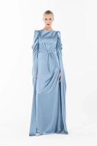 Front view of Cinderella Dress - Elegant Gown showcasing a satin floor-length silhouette with ruched sleeves and a defined twisted waistline.