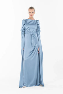 Front view of Cinderella Dress - Elegant Gown showcasing a satin floor-length silhouette with ruched sleeves and a defined twisted waistline.