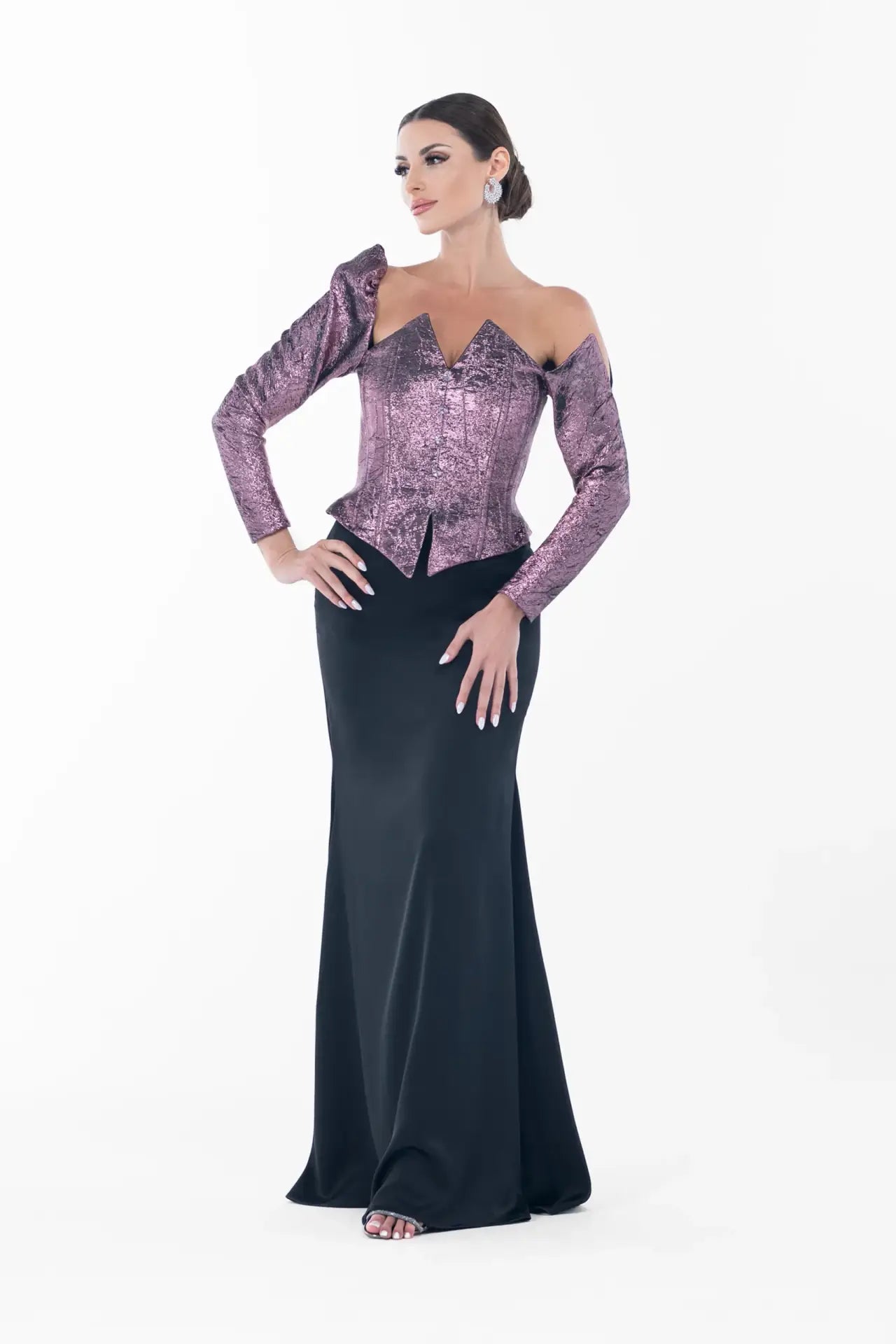 Model showcasing Ralphael Dress - Amethyst Sculpted Gown with structured bodice and flowing black satin skirt, perfect for formal galas.