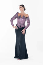 Model showcasing Ralphael Dress - Amethyst Sculpted Gown with structured bodice and flowing black satin skirt, perfect for formal galas.