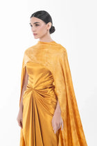 Helena Dress - Satin Gown | Formal Gown with Cape featuring a structured bodice and luxurious mustard satin fabric, perfect for festive formalwear.