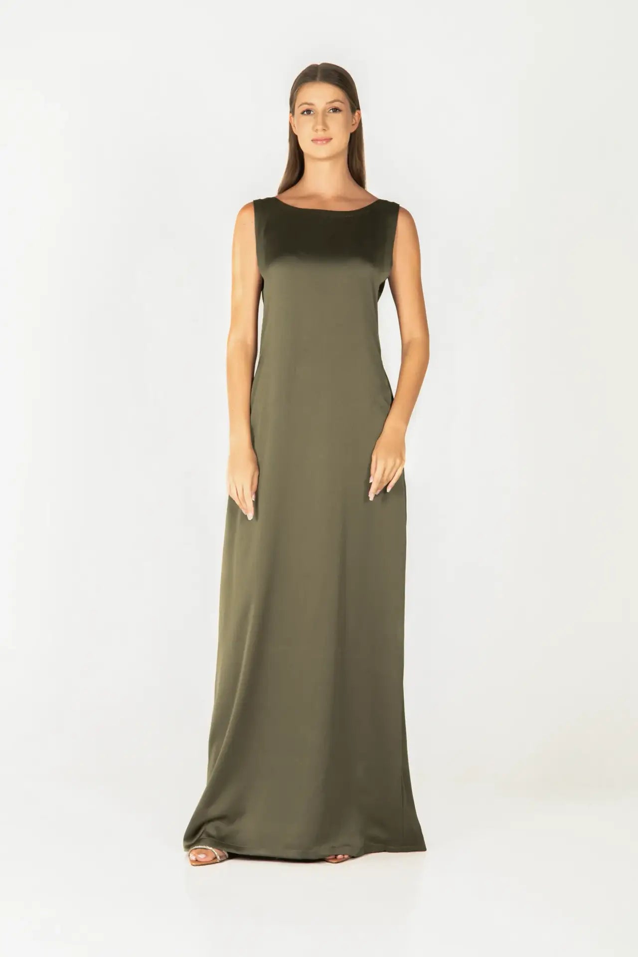 Sleeveless olive green base layer of the Jewel Dress from STORM COLLECTION AW24, featuring a minimalist full-length design.