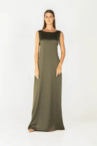 Sleeveless olive green base layer of the Jewel Dress from STORM COLLECTION AW24, featuring a minimalist full-length design.