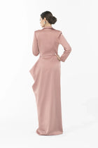 Back view of Joy Dress - Artista Ramadan 2025 Dress with long crepe coat in dusty rose, showcasing structured tailoring and elegant drape.