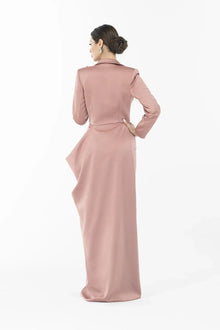 Back view of Joy Dress - Artista Ramadan 2025 Dress with long crepe coat in dusty rose, showcasing structured tailoring and elegant drape.