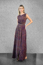 Asha Set - Plum Abstract Cape Dress | Satin Gown shown without cape, highlighting the sleeveless design and belted waist in a rich plum abstract print.