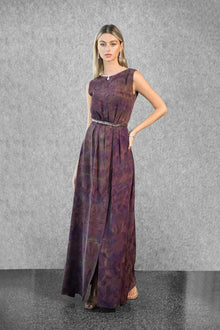 Asha Set - Plum Abstract Cape Dress | Satin Gown shown without cape, highlighting the sleeveless design and belted waist in a rich plum abstract print.