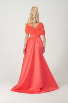 Back view of Carolina Dress - Taffeta Tulle featuring a deep V-back and full-length draped skirt in elegant tangerine from STORM COLLECTION AW24.