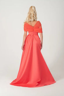 Back view of Carolina Dress - Taffeta Tulle featuring a deep V-back and full-length draped skirt in elegant tangerine from STORM COLLECTION AW24.