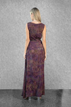 Asha Set - Plum Abstract Cape Dress | Satin Gown back view showing the full-length satin gown with abstract plum print and tailored fit.