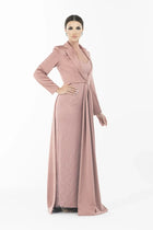 Joy Dress - Artista Ramadan 2025 Dress styled with tailored crepe coat and lace gown, highlighting waist detail and elegant draping.