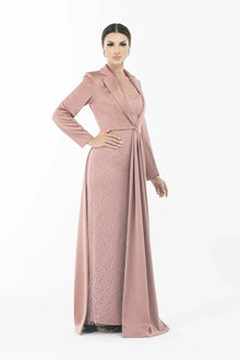 Joy Dress - Artista Ramadan 2025 Dress styled with tailored crepe coat and lace gown, highlighting waist detail and elegant draping.