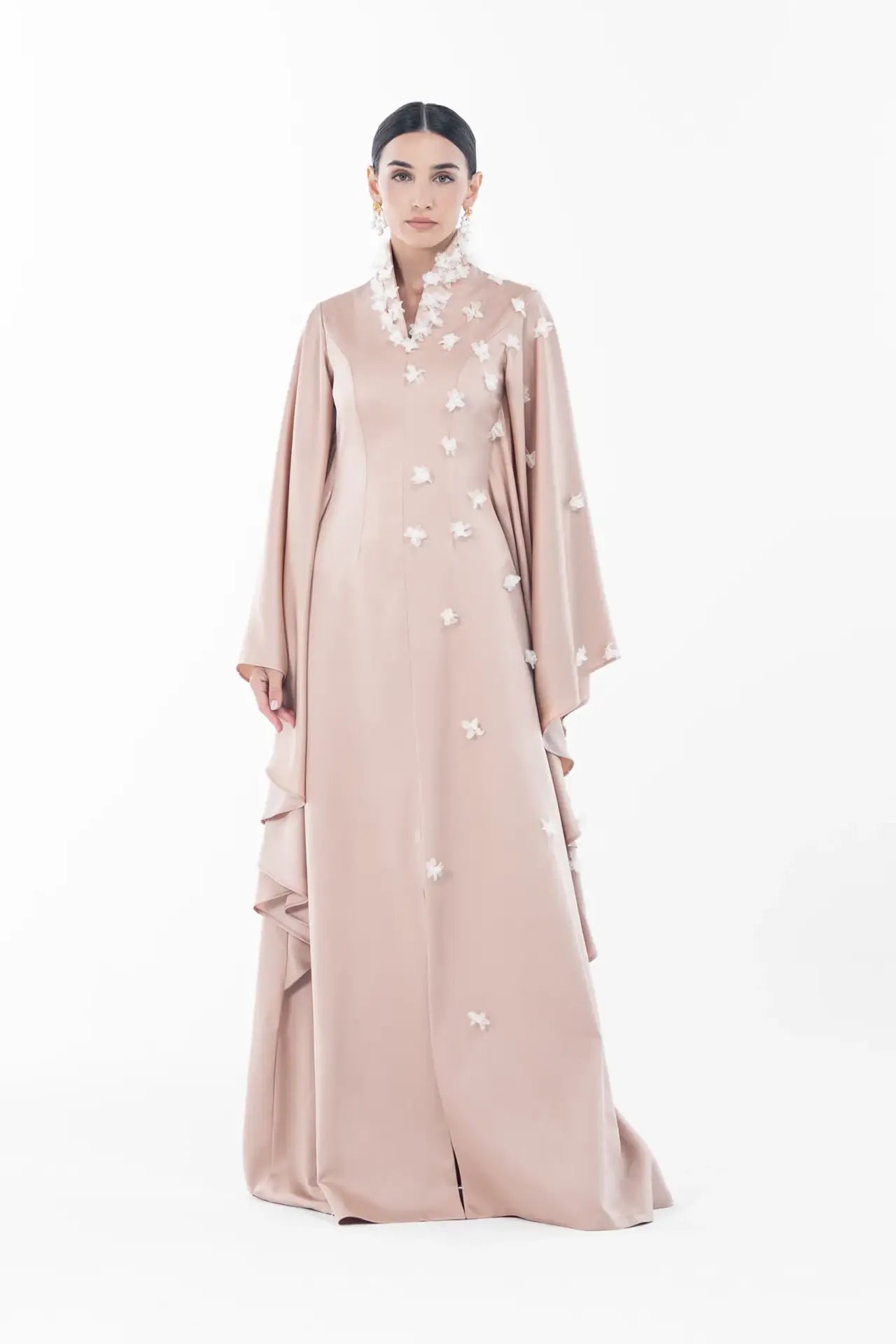 Front view of Artista Allure Dress in blush beige with floral embellishments and flowing design, perfect for Ramadan 2025 festivities.