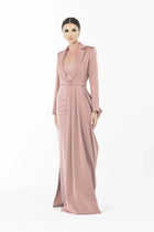 Joy Dress - Artista Ramadan 2025 Dress featuring high-neck lace gown and dusty rose crepe coat with pleated side panel, front-facing view.