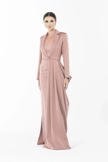 Joy Dress - Artista Ramadan 2025 Dress featuring high-neck lace gown and dusty rose crepe coat with pleated side panel, front-facing view.