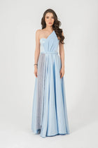 Front view of Diamond Dress Baby Blue without cape, showing asymmetrical neckline, pleated bodice, and elegant flowing skirt.