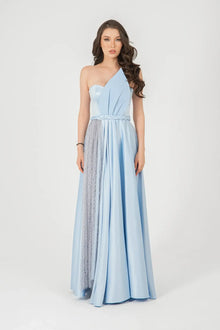 Front view of Diamond Dress Baby Blue without cape, showing asymmetrical neckline, pleated bodice, and elegant flowing skirt.