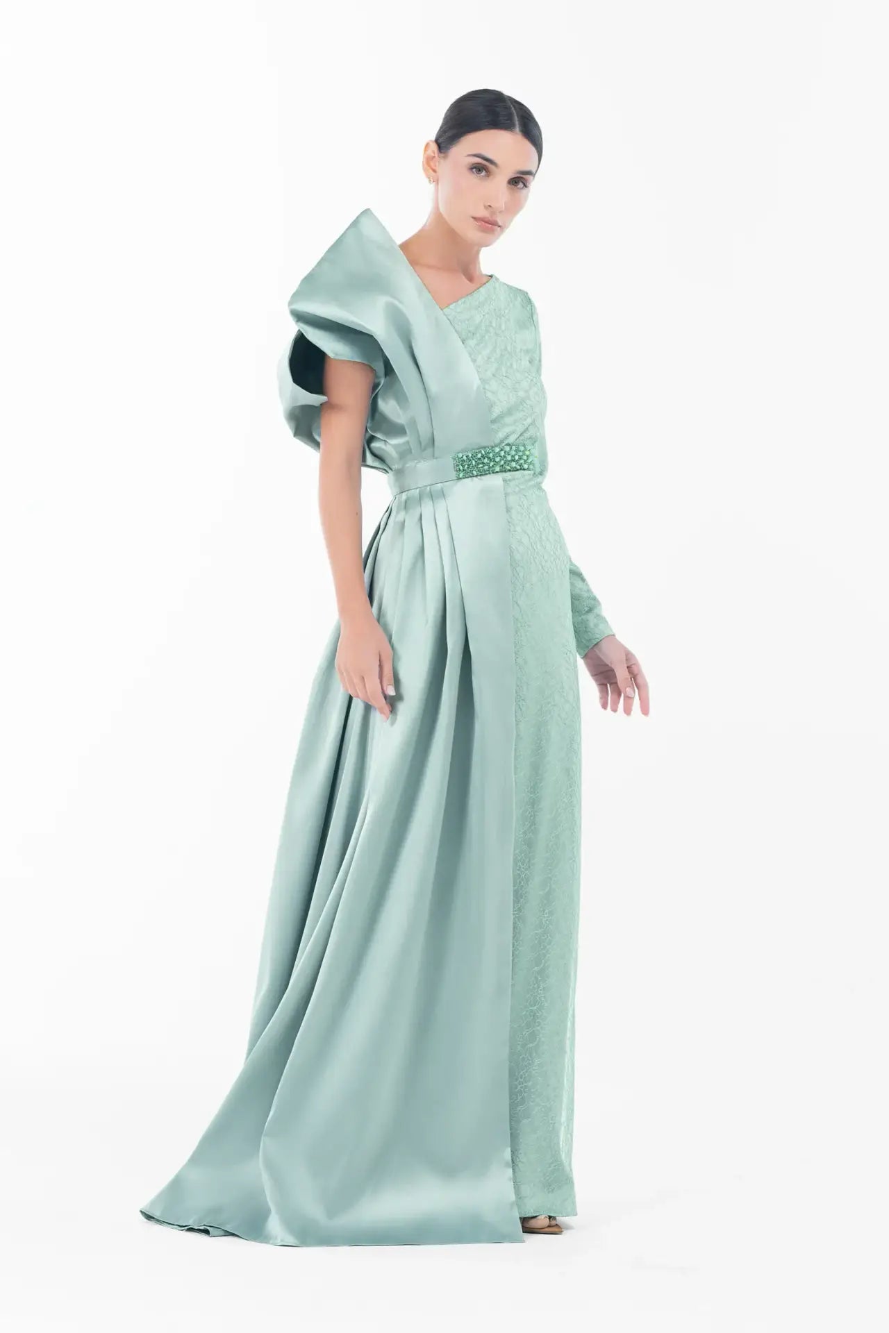 Full view of Boticelli Dress Mint Green with dramatic satin drape and one-shoulder neckline, ideal for formal Eid gatherings.