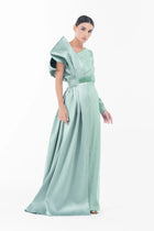 Full view of Boticelli Dress Mint Green with dramatic satin drape and one-shoulder neckline, ideal for formal Eid gatherings.