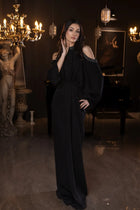 Bellara Satin Dress from Verite Majestique PF2025 with hand-embellished neckline, full-length drape, and elegant cold-shoulder design.