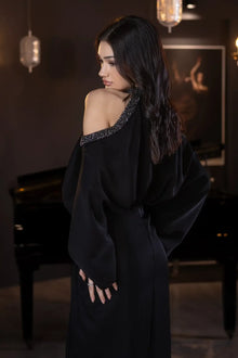 Close-up of Bellara Dress neckline with intricate hand embellishments and soft satin texture, ideal for elegant evening occasions.