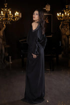 Back angle of Bellara Satin Dress highlighting the luxurious drape and beaded neckline from Verite Majestique PF2025 collection.