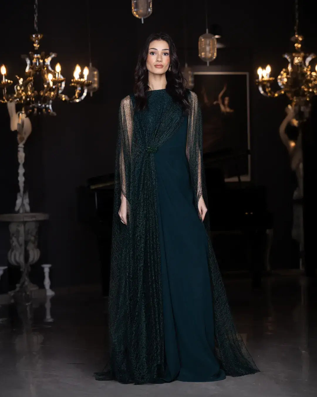 Birkin Dress - Crepe Satin | Lace Bodice, Emerald Green gown with draped skirt and sheer lace overlay, ideal for formal evening wear.