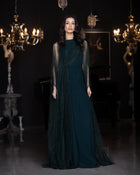 Birkin Dress - Crepe Satin | Lace Bodice, Emerald Green gown with draped skirt and sheer lace overlay, ideal for formal evening wear.