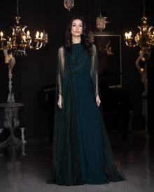 Birkin Dress - Crepe Satin | Lace Bodice, Emerald Green gown with draped skirt and sheer lace overlay, ideal for formal evening wear.