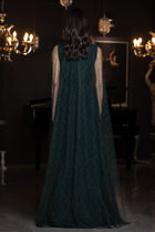 Back view of Birkin Dress - Crepe Satin | Lace Bodice, Emerald Green featuring full-length lace cape and refined formal design.