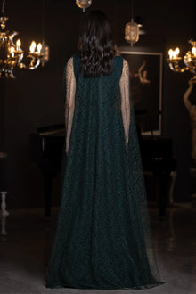 Back view of Birkin Dress - Crepe Satin | Lace Bodice, Emerald Green featuring full-length lace cape and refined formal design.