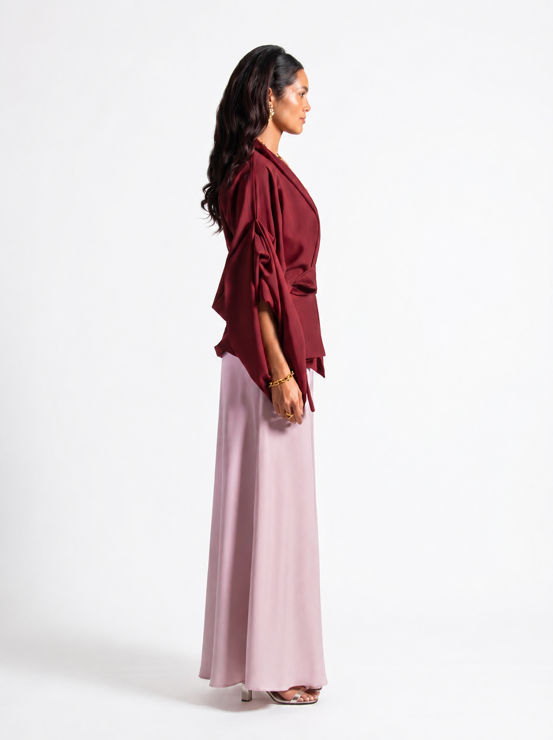 Zaria Maroon Wrap Top Blush Wide Leg Trouser Set