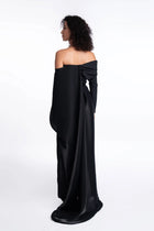 Back view of Ruby Jumpsuit - Formal Wear highlighting dramatic silk organza train and off-shoulder design from Pearl Collection SS24.