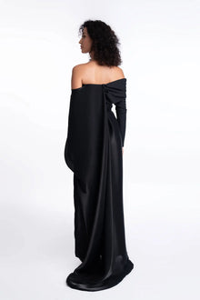 Back view of Ruby Jumpsuit - Formal Wear highlighting dramatic silk organza train and off-shoulder design from Pearl Collection SS24.