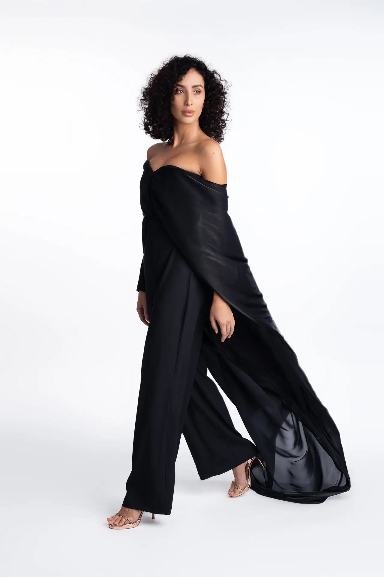 Side view of Ruby Jumpsuit - Formal Wear showcasing flowing silk organza overlay and wide-leg pants, ideal for upscale events.